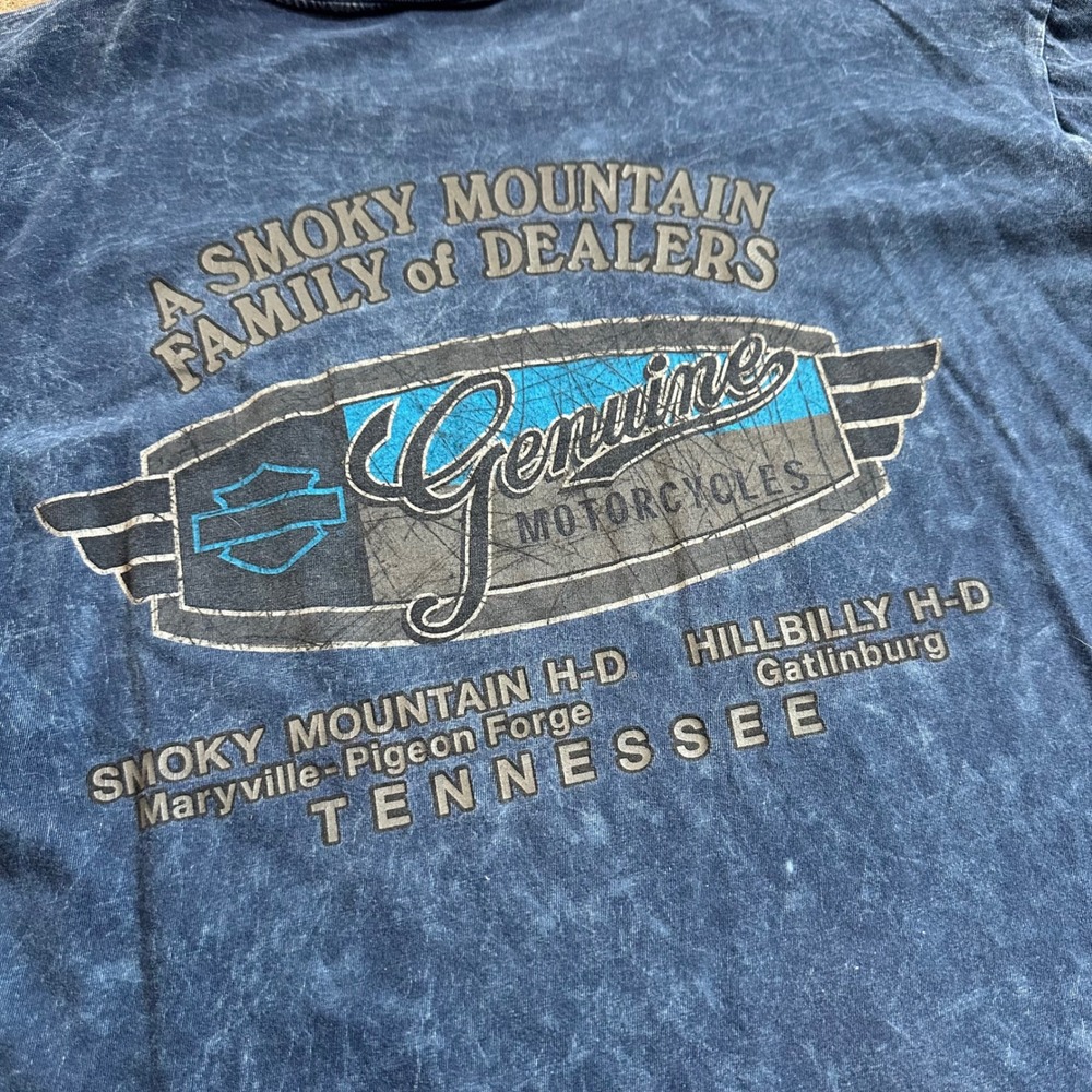 VTG Y2K Harley Davidson Mens L Blue Flame Wash Long Sleeve Smoky Mountain TN - Picture 8 of 8